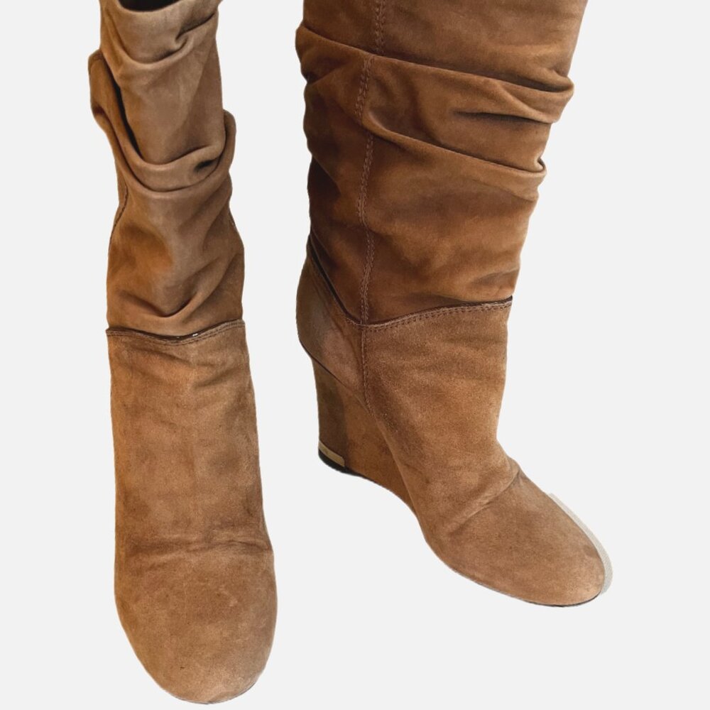 Louis Vuitton Camel Suede Slouch Wedge Boots Gold Metal Logo on Heels Size  37/7 - Picture 4 of 14